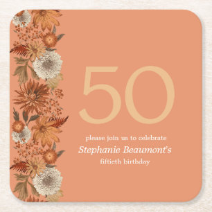 Woman's Autumn Flower Surprise 50th Birthday Square Paper Coaster