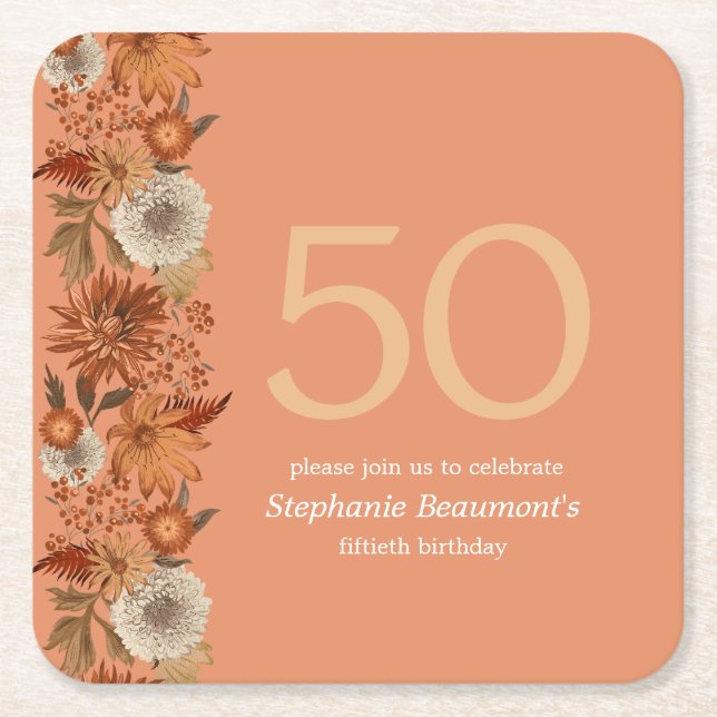 Woman's Autumn Flower Surprise 50th Birthday Square Paper Coaster (Front)