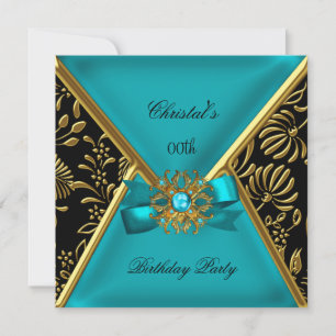 Womans Birthday Party Gold Teal Black Gold Damask Invitation