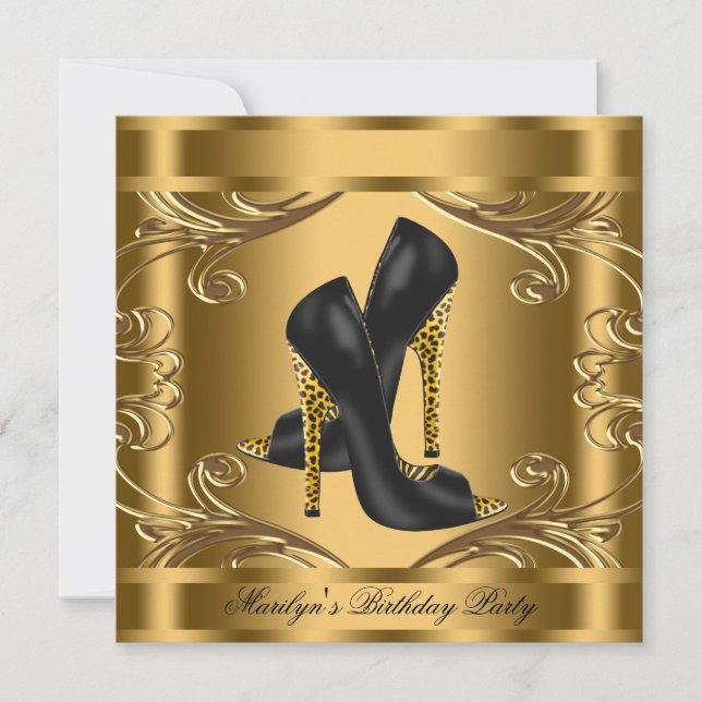 Womans Black and Gold Birthday Party Invitation (Front)