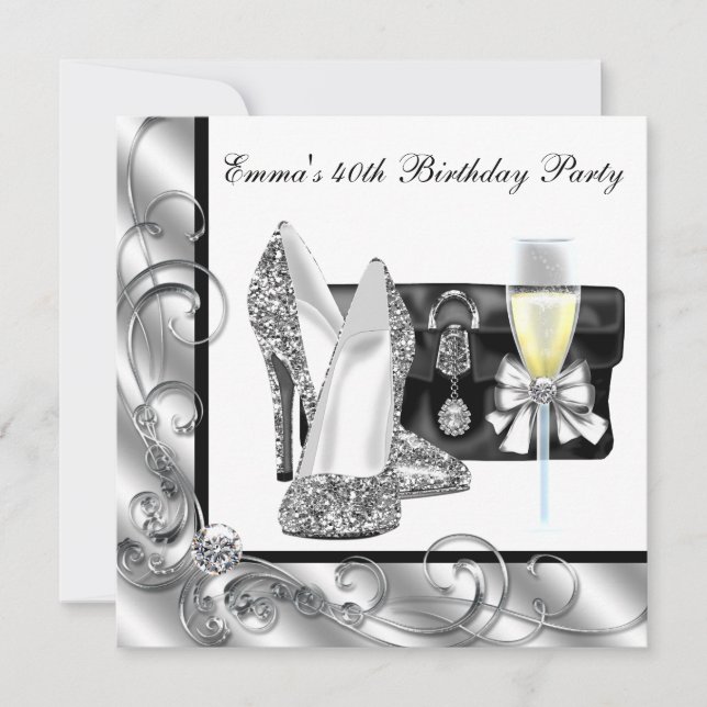 Womans Black and White 40th Birthday Party Invitation (Front)