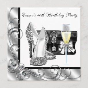 Womans Black and White 40th Birthday Party Invitation