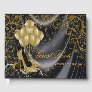 Womans Black Gold Birthday Party Guest Book