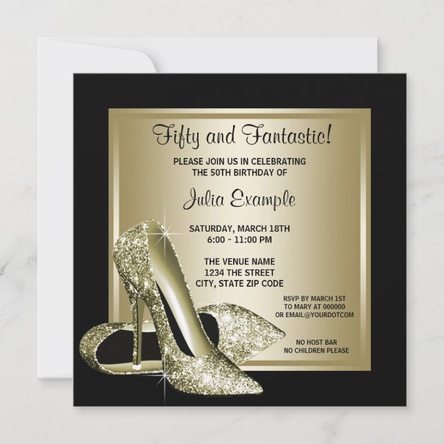 Womans Black Gold High Heel Birthday Invitation (Front)