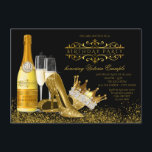 Womans Black Gold High Heels Princess Birthday Invitation<br><div class="desc">Womans black and gold birthday party invitation with beautiful gold glitter high heel shoes and elegant princess or queen crown with gold champagne bottle and glasses on a fancy black and gold background. You can easily customise this elegant black and gold birthday party invitation for your event by simply adding...</div>