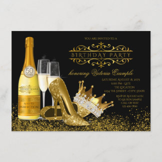 Womans Black Gold High Heels Princess Birthday Invitation