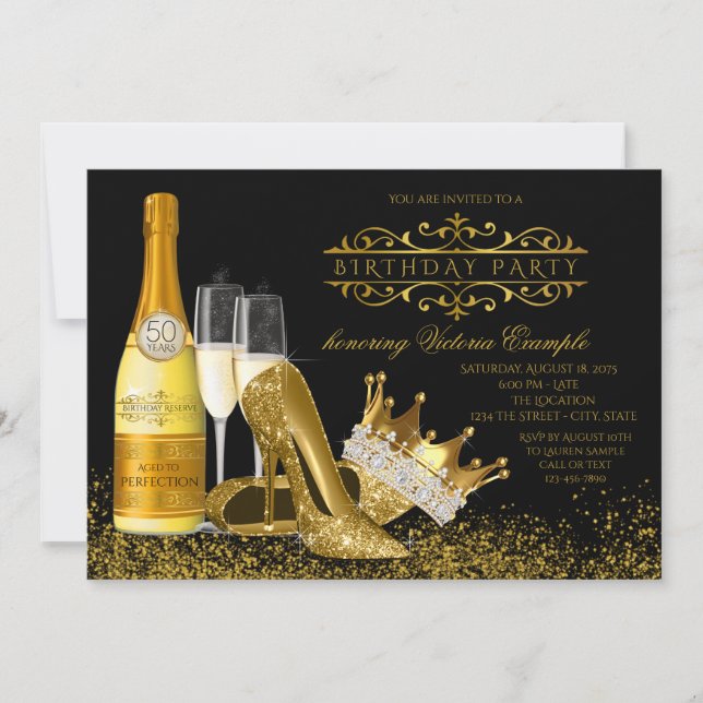 Womans Black Gold High Heels Princess Birthday Invitation (Front)