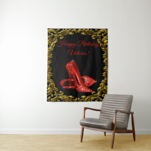 Womans Black Gold Red Shoe Birthday Party Backdrop Tapestry