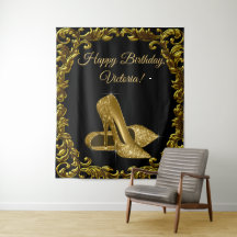 Womans Black Gold Shoe Birthday Party L Backdrop