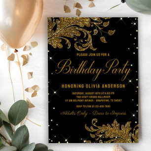 Womans Black Gold Swirl Birthday Party Invitation