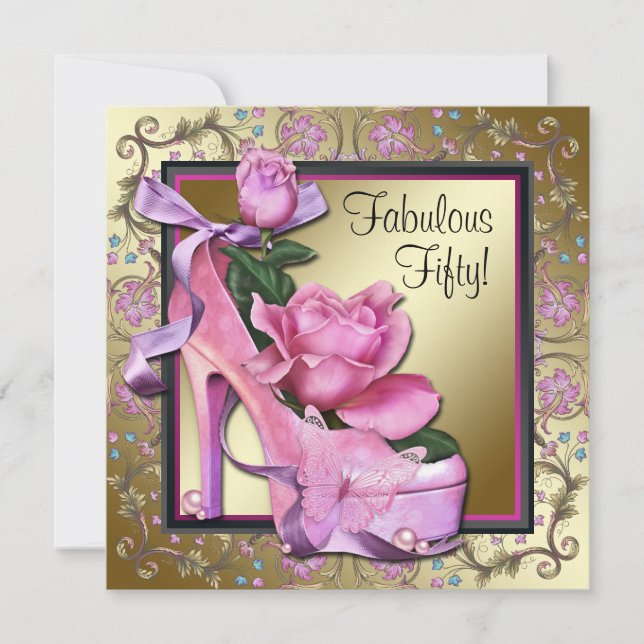 Womans Black Pink Gold 50th Birthday Party Invitation (Front)