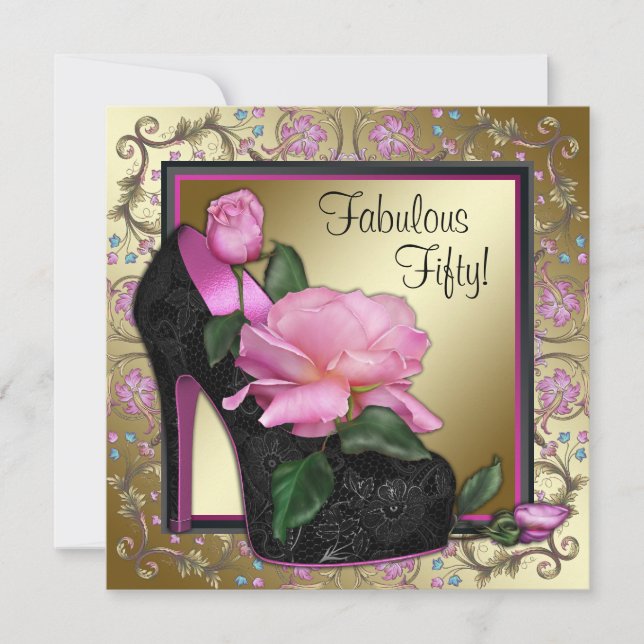 Womans Black Pink Gold 50th Birthday Party Invitation (Front)