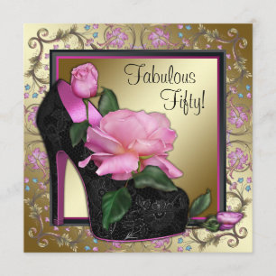 Womans Black Pink Gold 50th Birthday Party Invitation