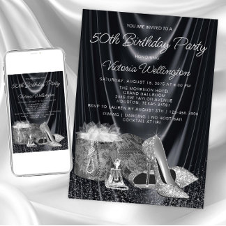 Womans Black Silver Shoe Any Number Birthday Invitation