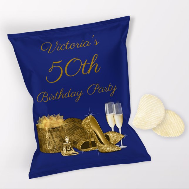 Womans Blue Gold Birthday Party Chip Bag Wrappers (1 ounce snack bag wrapper flyer. )