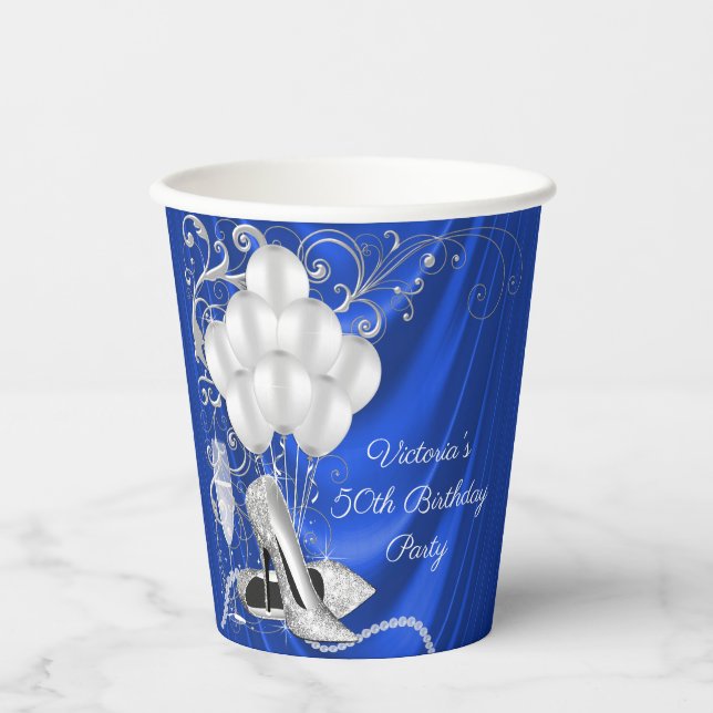 Womans Blue Silver Shoe Birthday Party Paper Cups (Front)