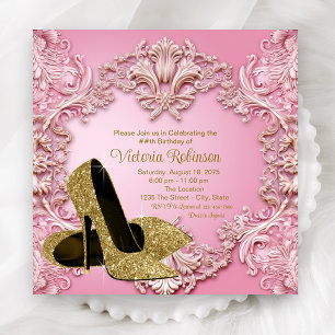 Womans Blush Pink Gold Shoe Birthday Party Invitation
