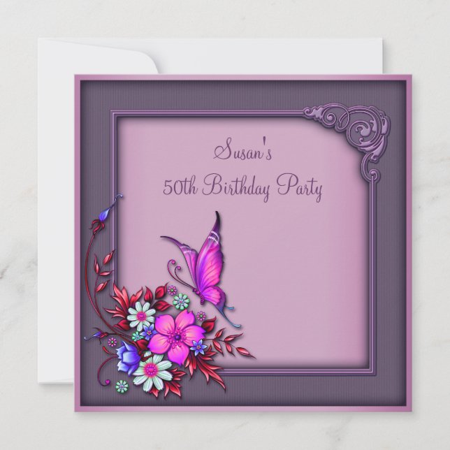 Womans Butterfly 50th Birthday Party Invitation (Front)