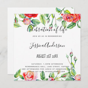Woman's Celebration of Life - Watercolor Red Roses Invitation