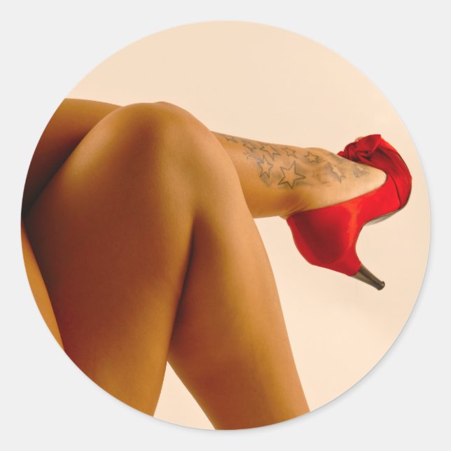 Woman's Crossed Bare Legs with Red High Heels Classic Round Sticker (Front)