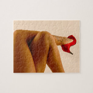 Woman's Crossed Bare Legs with Red High Heels Jigsaw Puzzle