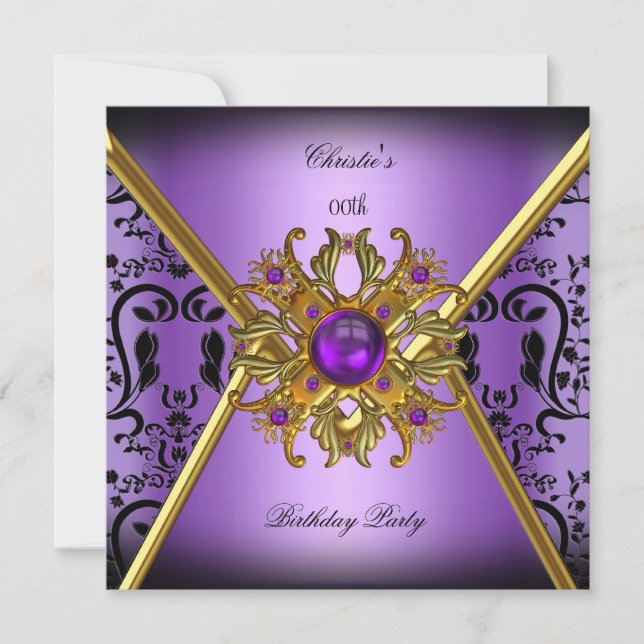 Womans Damask Purple Gold Black Birthday Party Invitation (Front)
