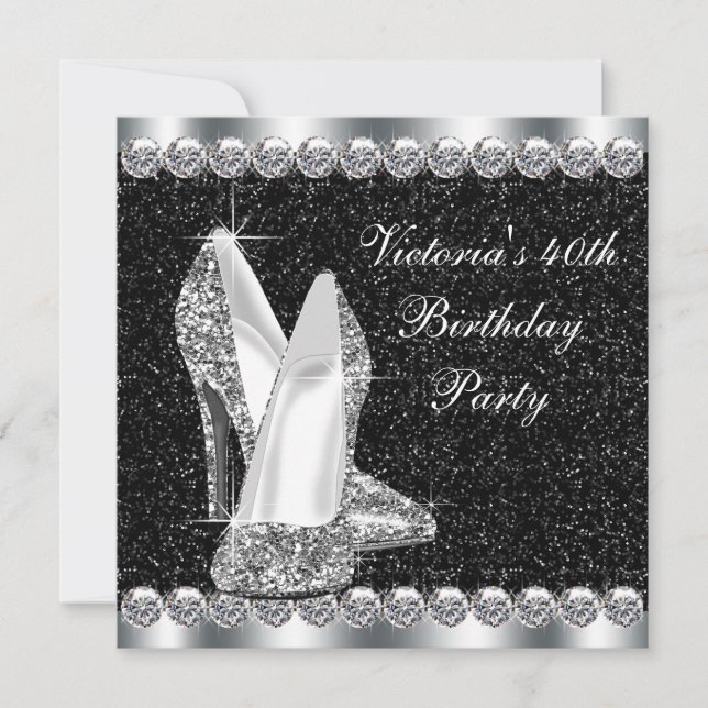 Womans Elegant Black 40th Birthday Party Invitation (Front)