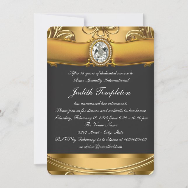 Womans Elegant Black and Gold Retirement Party Invitation (Back)