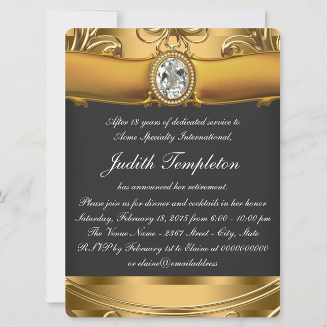 Womans Elegant Black and Gold Retirement Party Invitation (Back)