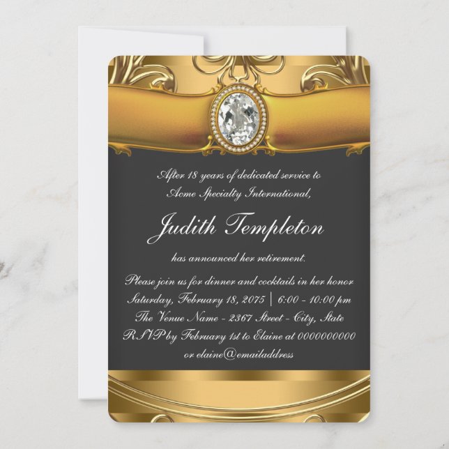Womans Elegant Black and Gold Retirement Party Invitation (Back)