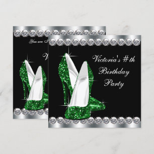 Womans Elegant Black Emerald Green Birthday Party Invitation