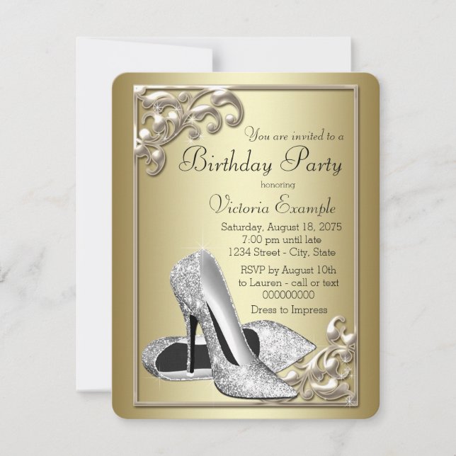Womans Elegant Ivory and Gold Birthday Party Invitation (Front)
