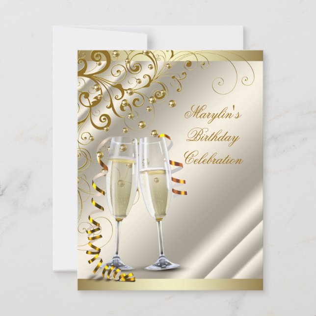 Womans Elegant Ivory Gold Birthday Invitation (Front)