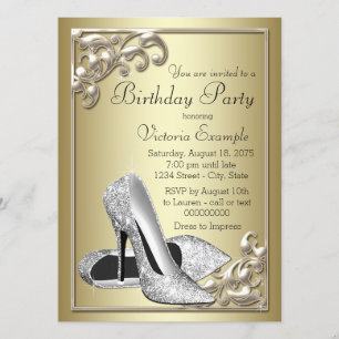 Womans Elegant Ivory Gold Shoe Birthday Party Invitation