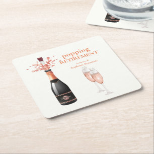 Woman's Elegant Popping Champagne Retirement Square Paper Coaster