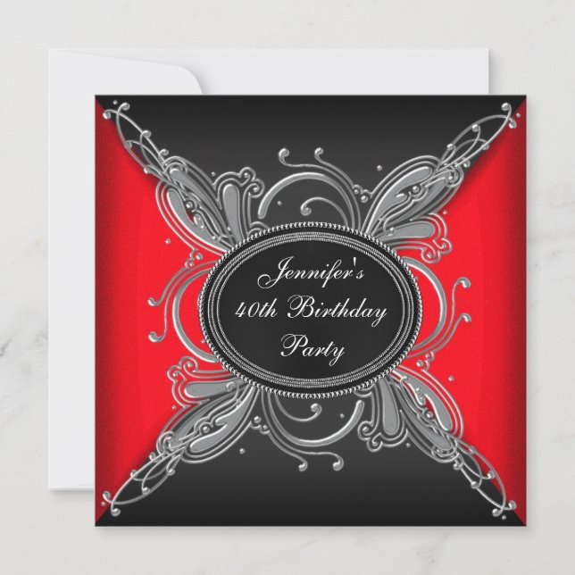 Womans Elegant Red and Black 40th Birthday Party Invitation (Front)