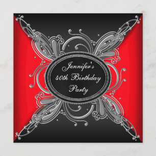 Womans Elegant Red and Black 40th Birthday Party Invitation