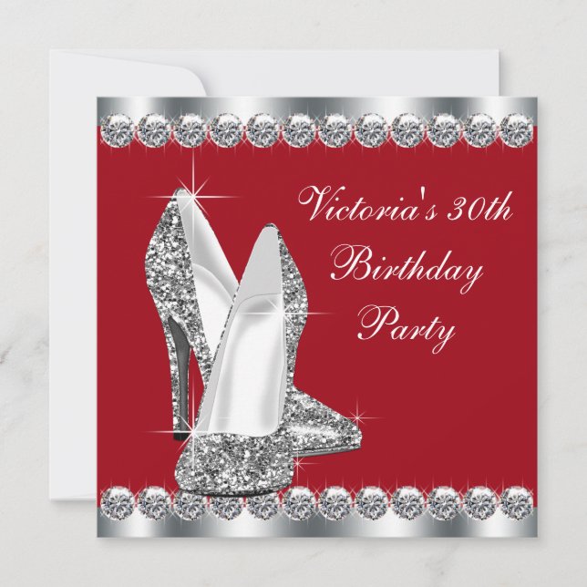 Womans Elegant Silver and Red Birthday Party Invitation (Front)