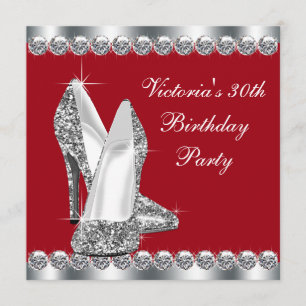 Womans Elegant Silver and Red Birthday Party Invitation