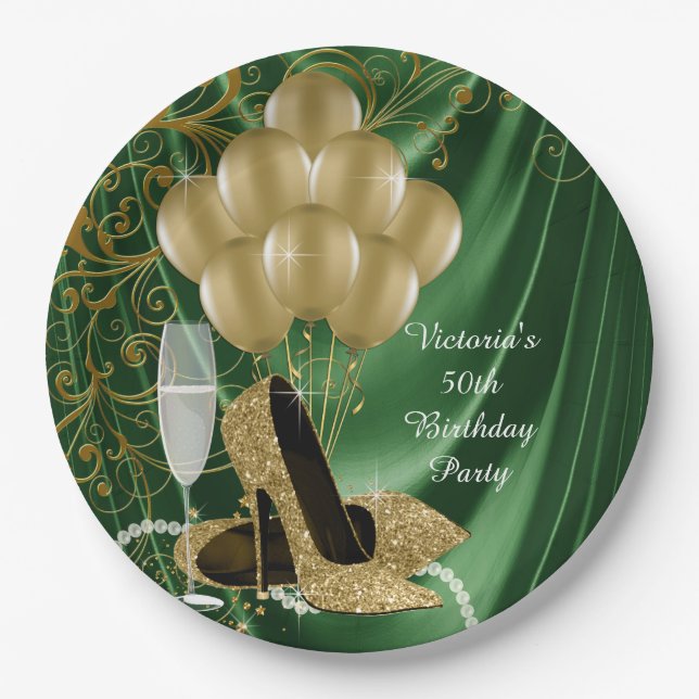 Womans Emerald Gold Birthday Party Paper Plates (Front)