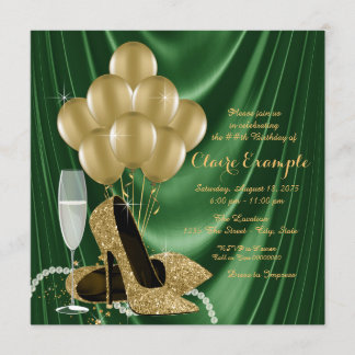 Womans Emerald Green and Gold Birthday Party Invitation
