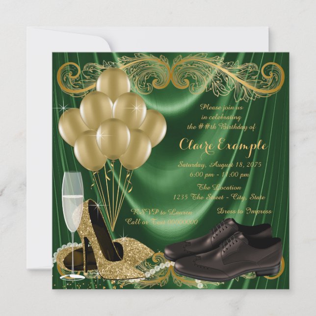 Womans Emerald Green Gold Shoe Birthday Party Invitation (Front)