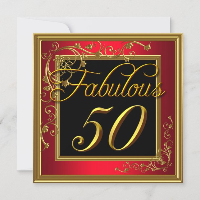Womans Fabulous 50th Birthday Party Red Gold Invitation (Front)