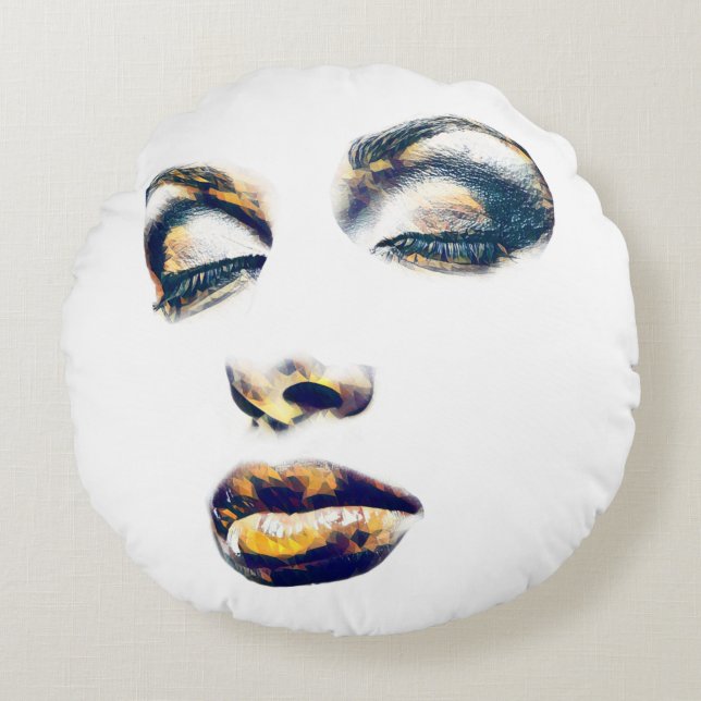 Womans Face Gold Makeup beauty Abstract pop art  Round Cushion (Front)