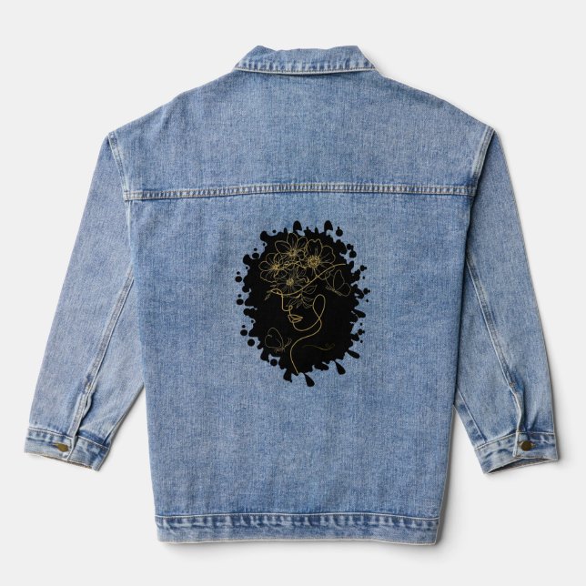 Woman's Face Gold Outline with Floral Accents Denim Jacket (Back)