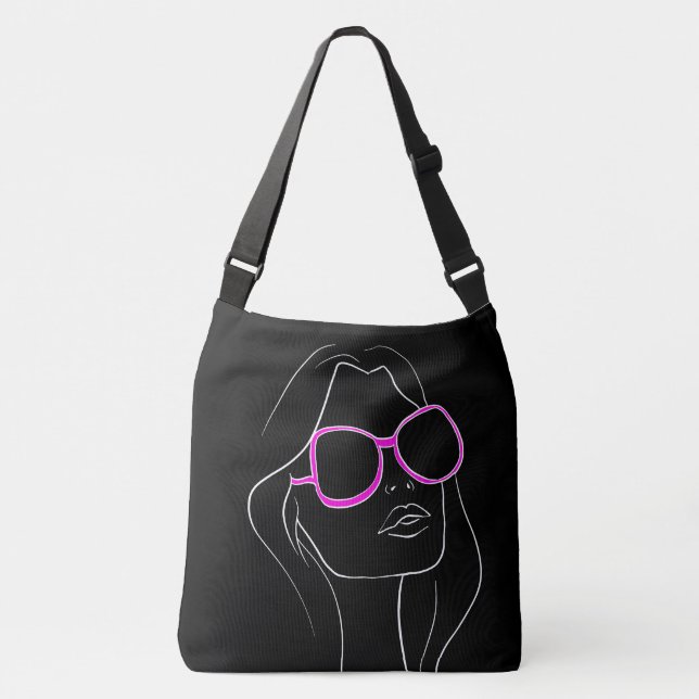 Woman's Face in Pink Sunglasses Black Retro Crossbody Bag (Front)