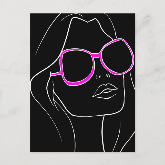 Woman's Face in Pink Sunglasses Black Retro Postcard (Front)