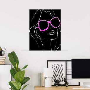 Woman's Face in Pink Sunglasses Black Retro Poster