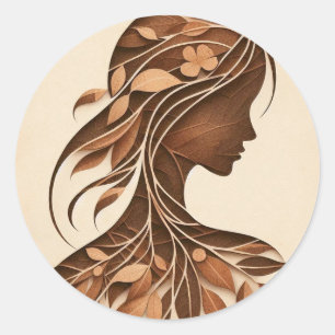 womans face leaves nature paper crafts art classic round sticker