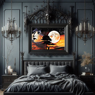 Womans face moon tree silhouette abstract art canvas print